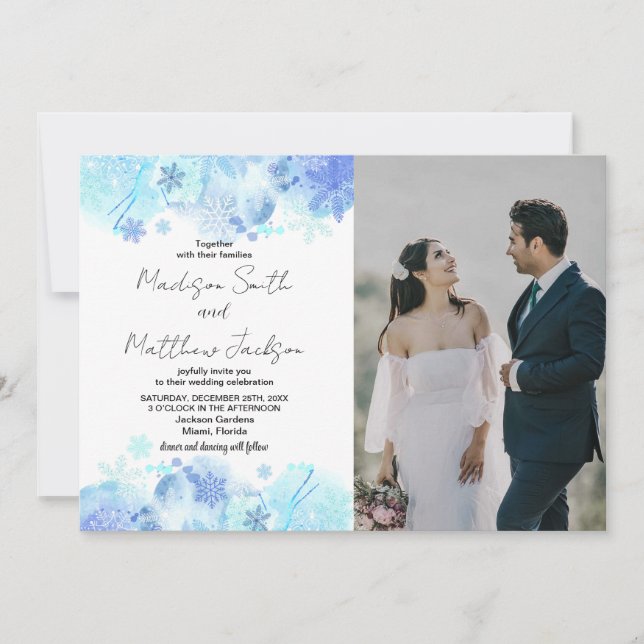 Blue Snow Wedding Invitations with photo (Front)