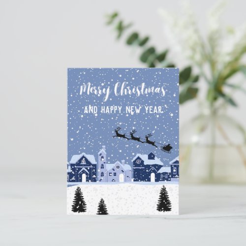 Blue snow with santa and reindeer holiday postcard