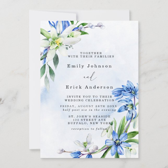 Blue Snowdrops Scilla Spring Floral Wedding Invitation (Front)