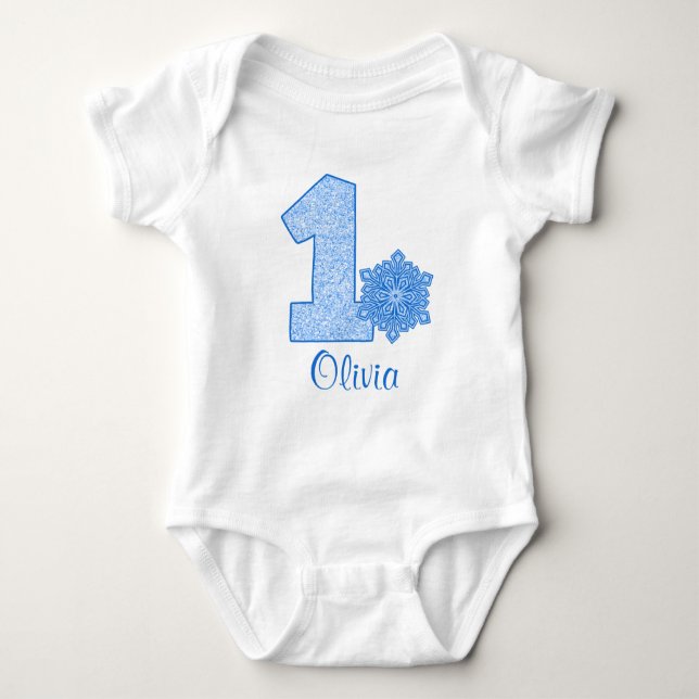 Blue Snowflake 1st Birthday Personalized Baby Bodysuit (Front)