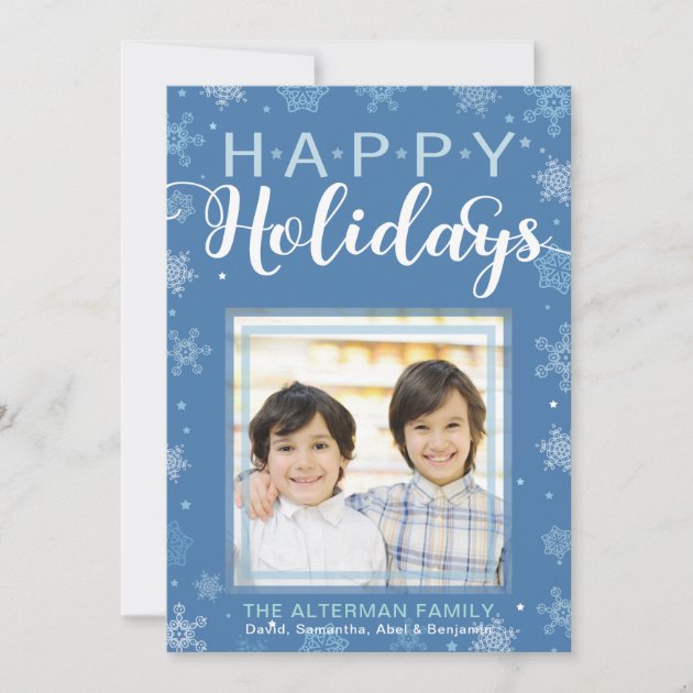 Blue Snowflake And Stars Happy Holidays Photo Card