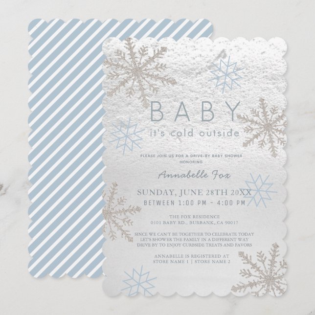 Blue Snowflake Baby Its Cold Drive-by Baby Shower Invitation (Front/Back)