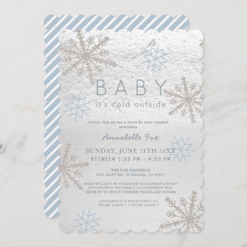 Blue Snowflake Baby Its Cold Drive_by Baby Shower Invitation