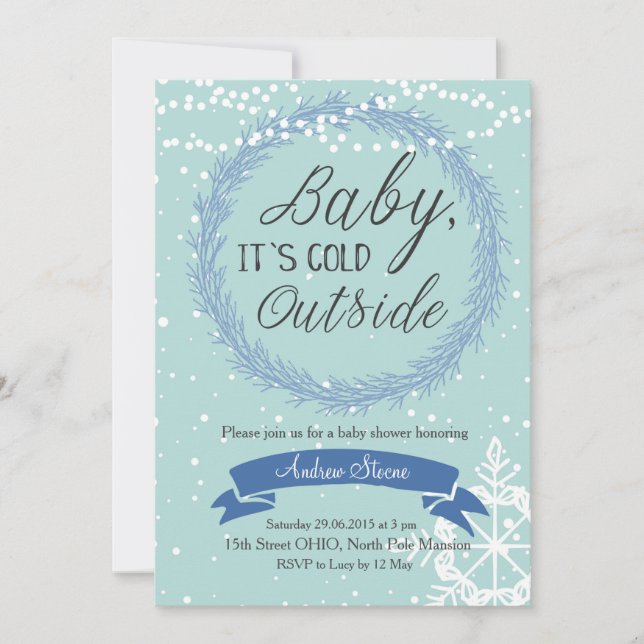 Blue Snowflake Baby It's Cold Outside Invitation (Front)