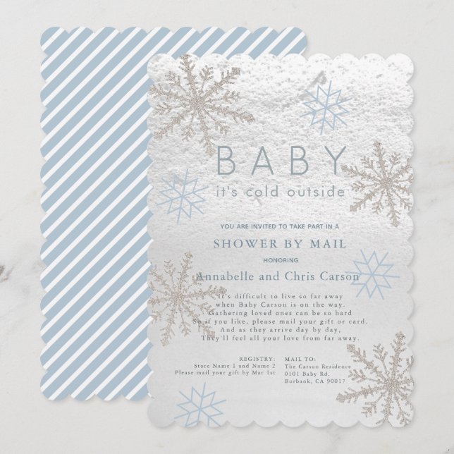 Blue Snowflake Baby Its Cold Shower by Mail Invitation (Front/Back)