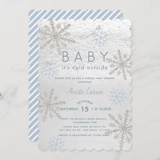 Blue Snowflake Baby Its Cold Virtual Baby Shower Invitation (Front/Back)