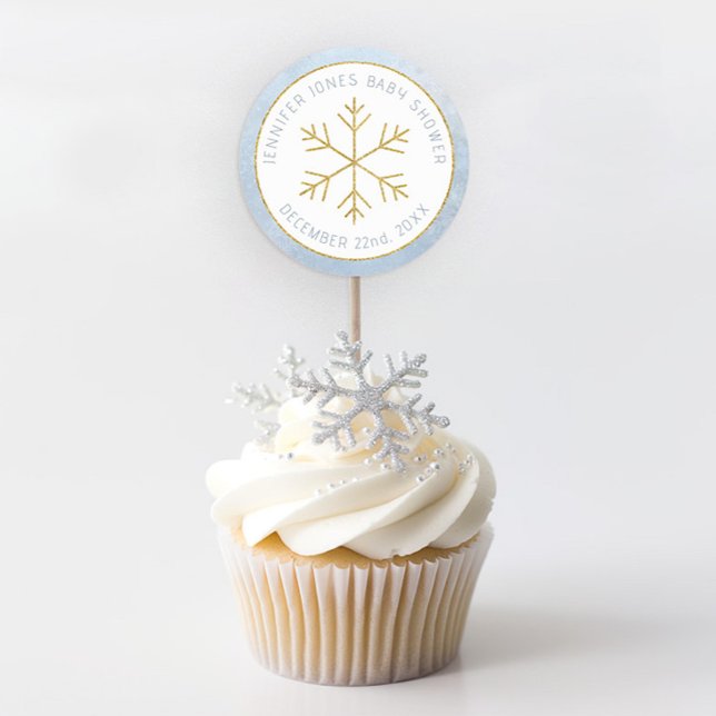 Blue Snowflake Baby Shower Favor Sticker (Winter Wonderland Baby Shower Favor Sticker - Dusty Blur & Glitter Gold)