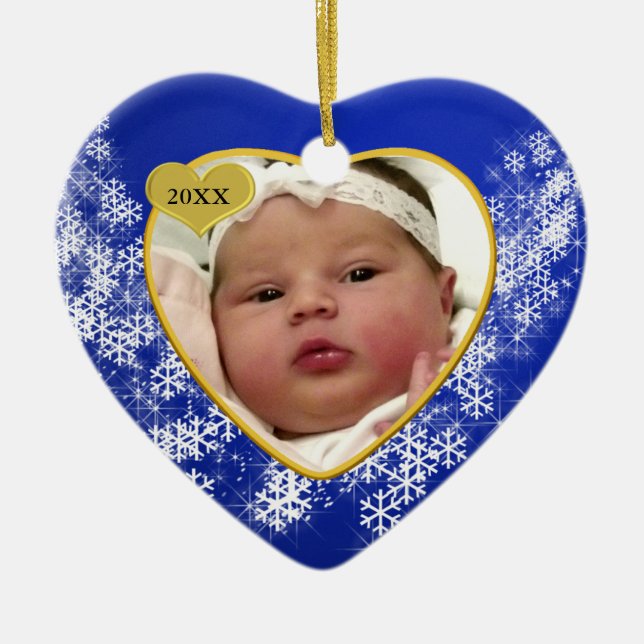 Blue Snowflake Baby's 1st Christmas Photo Ceramic Ornament (Front)