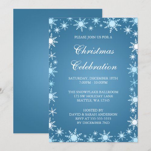 Blue Snowflake Border Christmas Party Invitations