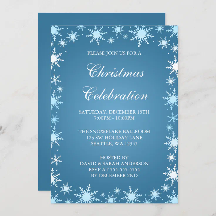 Blue Snowflake Border Christmas Party Invitations | Zazzle