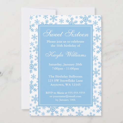 Blue Snowflake Border Winter Wonderland Sweet 16 Invitations