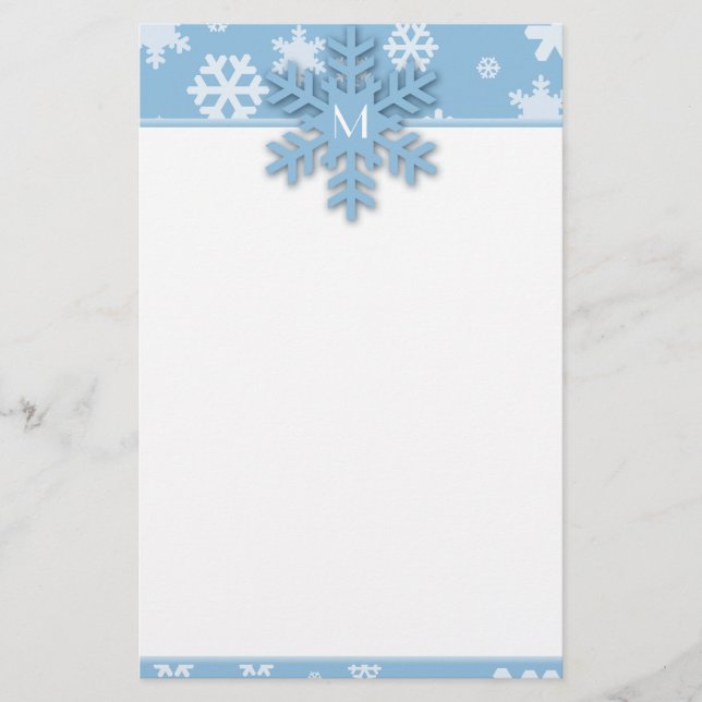 Blue Snowflake Border with Monogrammed Snowflake Stationery (Front)