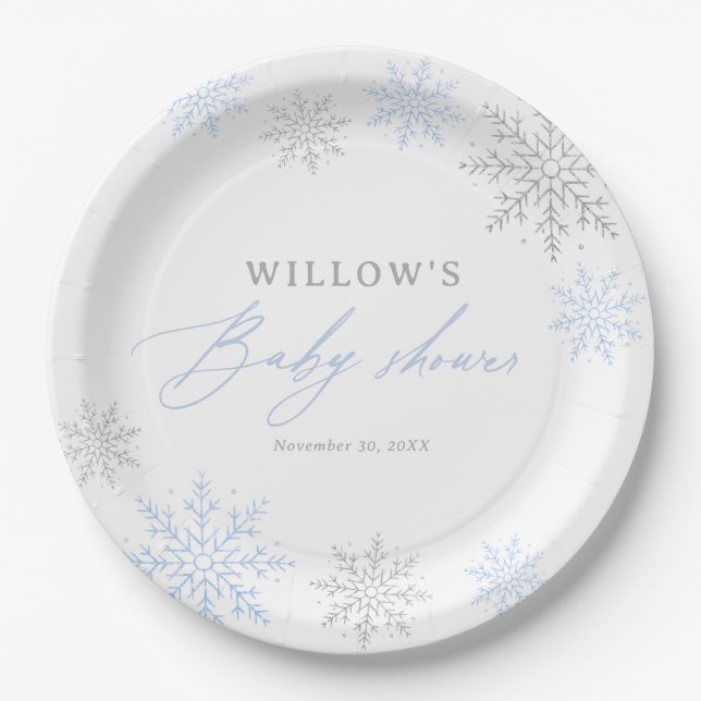 Blue Snowflake Boy Baby Shower Paper Plates (Front)