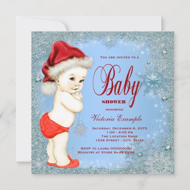 Blue Snowflake Boys Christmas Baby Shower Invitation (Front)