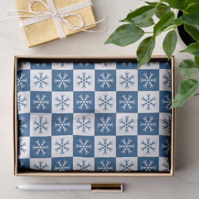 Blue Snowflake Checkered Pattern Christmas Holiday Tissue Paper (Gift)