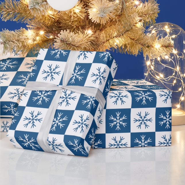 Blue Snowflake Checkered Pattern Christmas Holiday Wrapping Paper (Holidays)