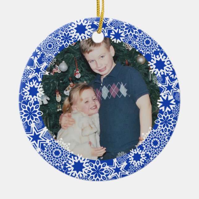 Blue Snowflake Customized Photo Ornament (Front)