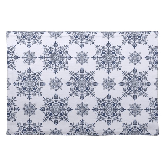Blue Snowflake Damask Pattern Cloth Placemat (Front)