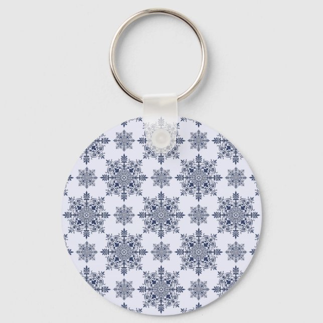Blue Snowflake Damask Pattern Keychain (Front)