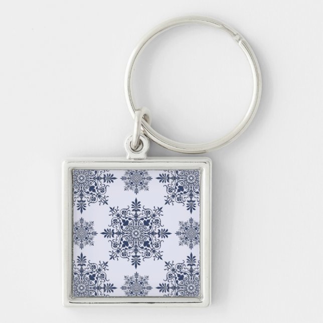 Blue Snowflake Damask Pattern Keychain (Front)