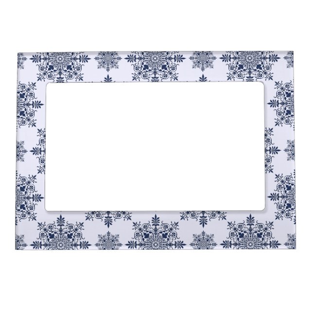 Blue Snowflake Damask Pattern Magnetic Frame (Front)