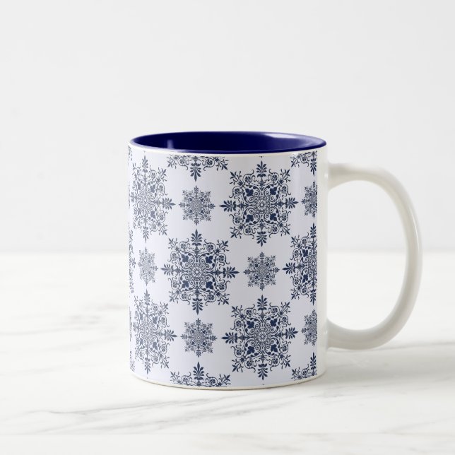 Blue Snowflake Damask Pattern Two-Tone Coffee Mug (Right)