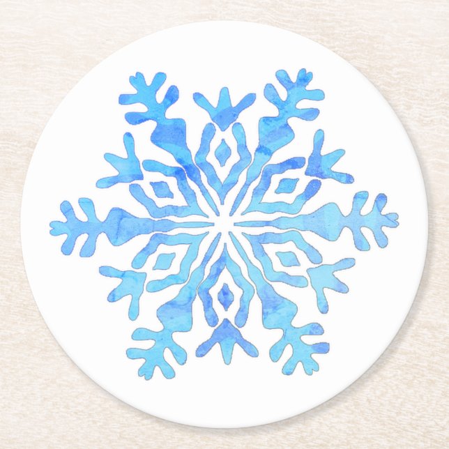 Blue snowflake design round paper coaster (Front)