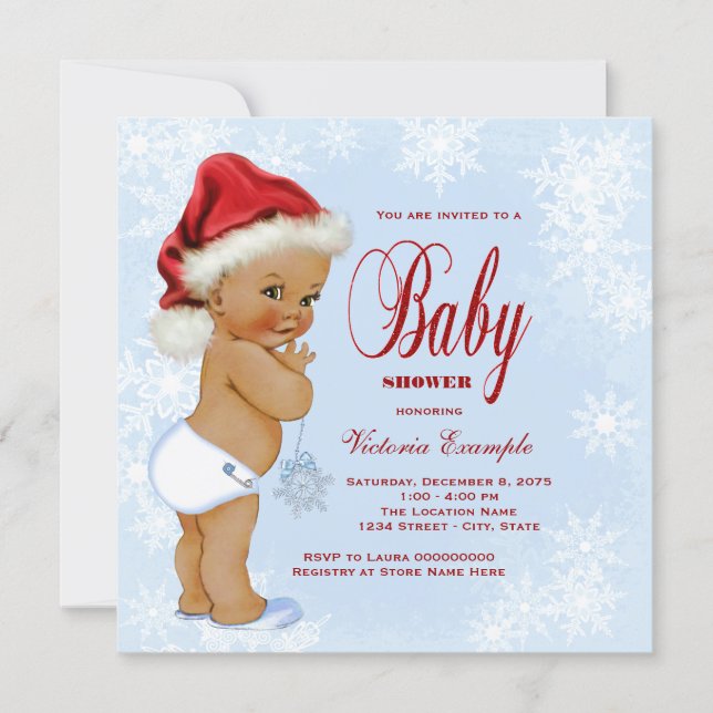 Blue Snowflake Ethnic Boys Christmas Baby Shower Invitation (Front)