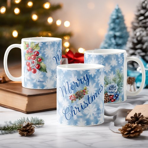 Blue Snowflake Family Name Christmas Year   Coffee Mug