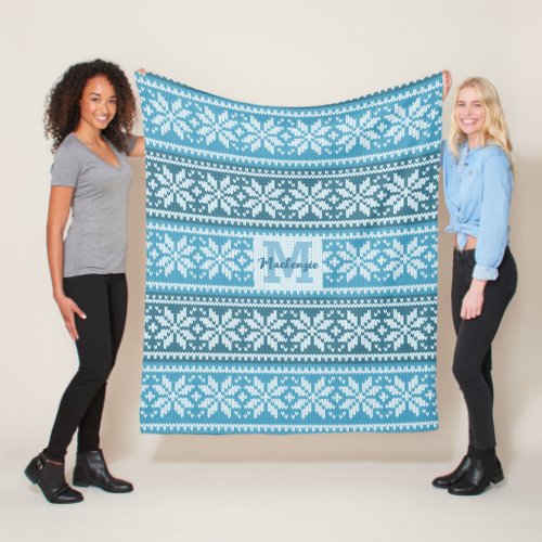 Blue Snowflake Faux Knit Sweater Monogram Name Fleece Blanket