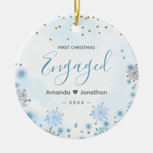 Blue Snowflake First Christmas Engaged  Ceramic Ornament