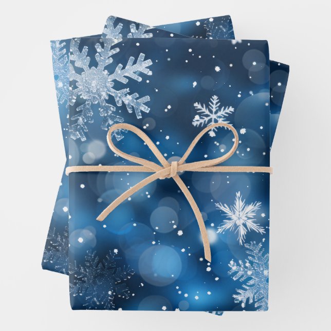 Blue Snowflake Flat Wrapping Paper Set of 3 (In situ)
