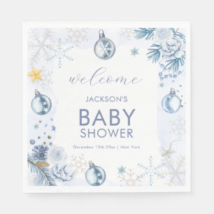 Blue Snowflake Flower Winter Baby Shower Welcome Napkins