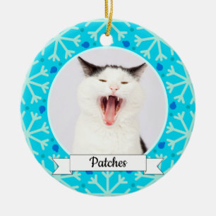 Blue Snowflake Frame Customizable Kitty Ceramic Ornament