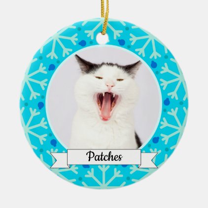 Blue Snowflake Frame Customizable Kitty Ceramic Ornament