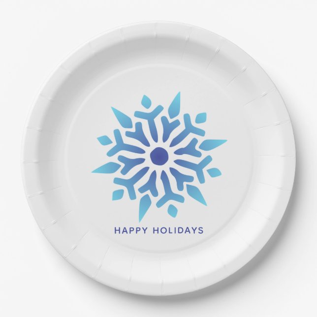 Blue Snowflake Happy Holidays Paper Plates (Front)