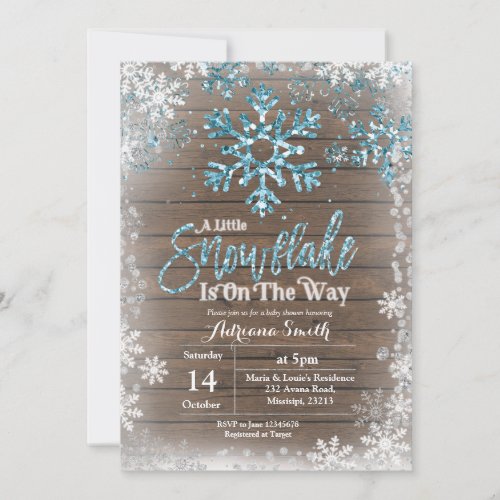 Blue snowflake is on the way baby shower invitation