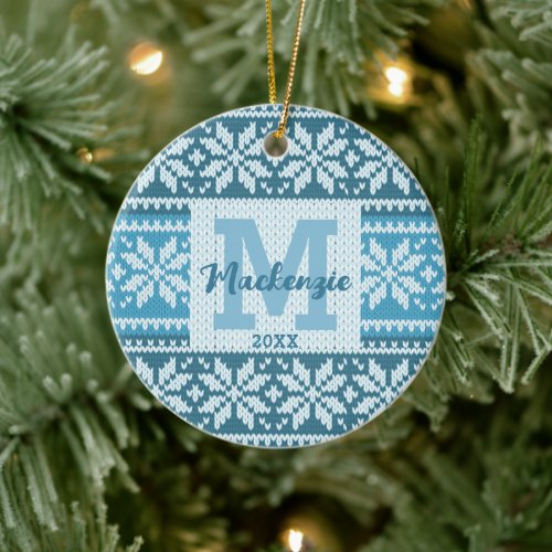 Blue Snowflake Knit Sweater Monogram Name Photo Ceramic Ornament