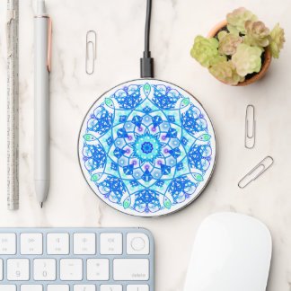 Blue Snowflake Mandala Boho Wireless Charger