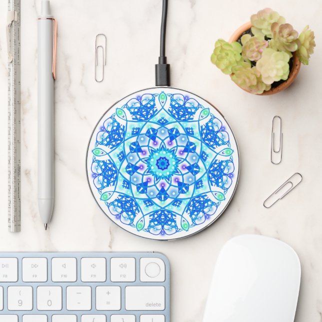 Blue Snowflake Mandala Boho Wireless Charger (Desk)