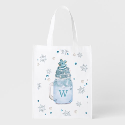 Blue Snowflake Mason Jar Milkshake Monogram Tote B