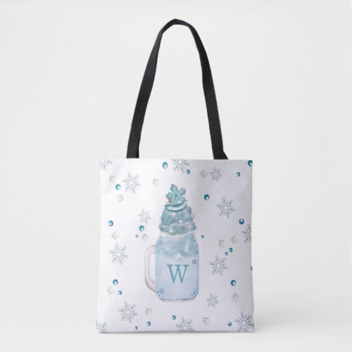 Blue Snowflake Mason Jar Milkshake Monogram Tote Bag