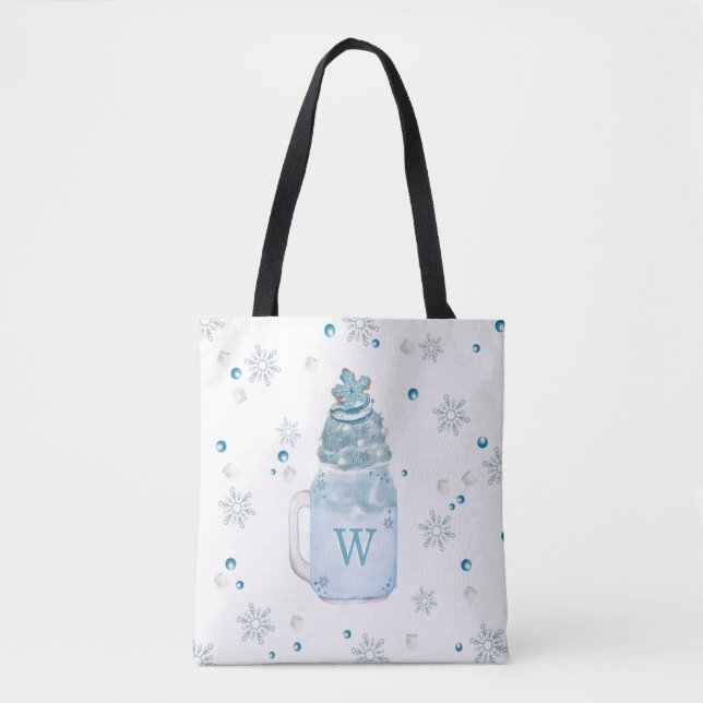 Blue Snowflake Mason Jar Milkshake Monogram Tote Bag (Front)