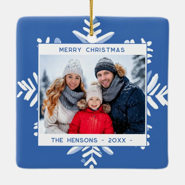 Blue Snowflake Merry Christmas Family Photo Ceramic Ornament (Back)