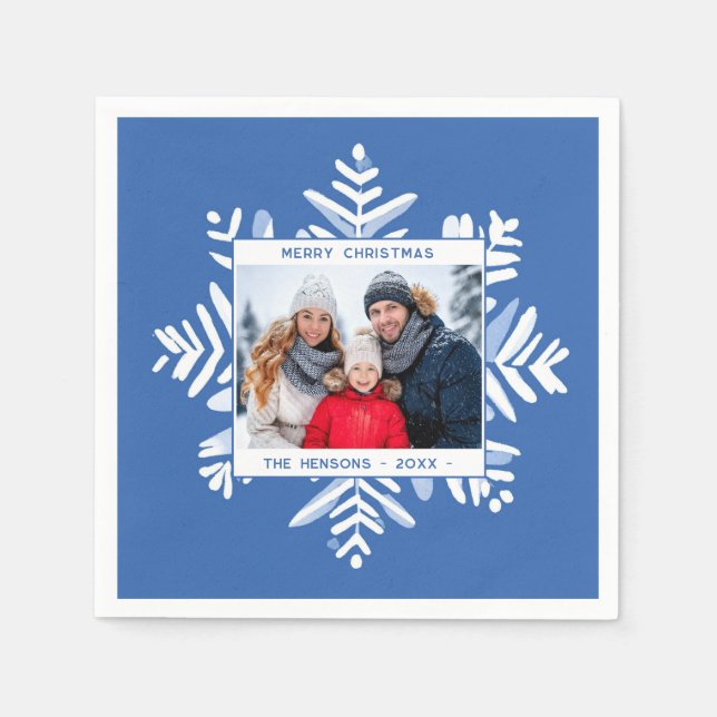 Blue Snowflake Merry Christmas Family Photo Holida Napkins (Front)
