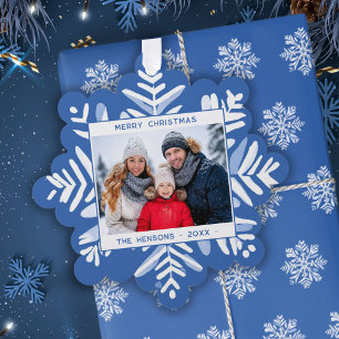 Blue Snowflake Merry Christmas Family Photo Ornament Card