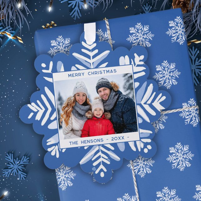 Blue Snowflake Merry Christmas Family Photo Ornament Card (Creator Uploaded)