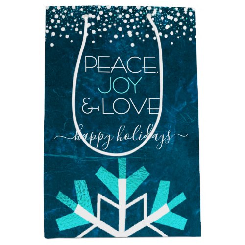 Blue Snowflake Modern Peace Joy Love Typography Medium Gift Bag