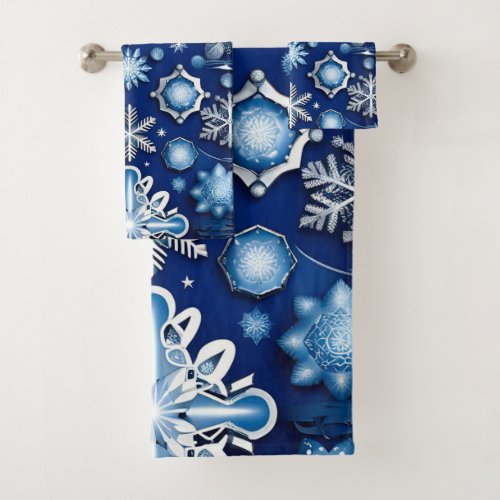 Blue Snowflake Motif Bath Towel Set