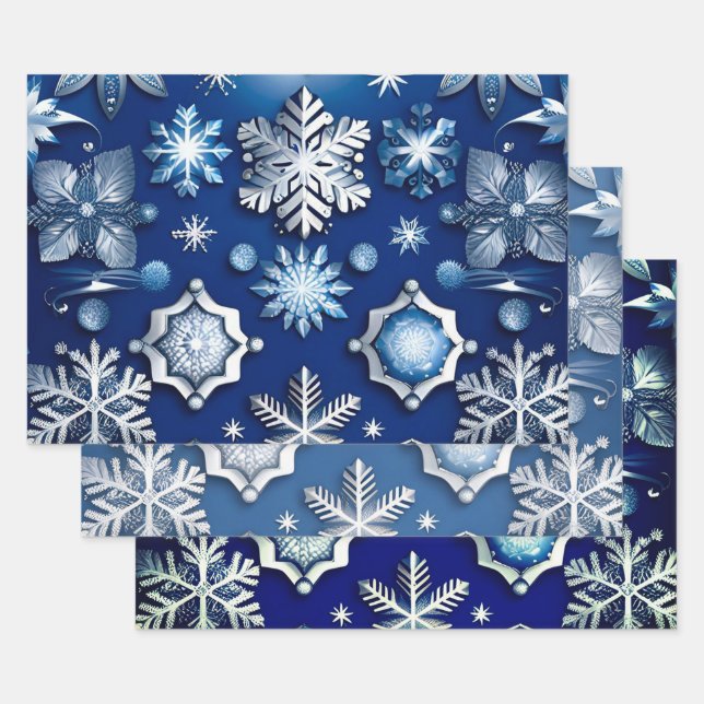 Blue Snowflake Motif Collection Wrapping Paper Sheets (Set)